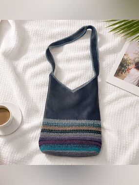 THE SAK Boho Crimson Seminyak Navy Blue Leather Crochet Slouch Crossbody Bag